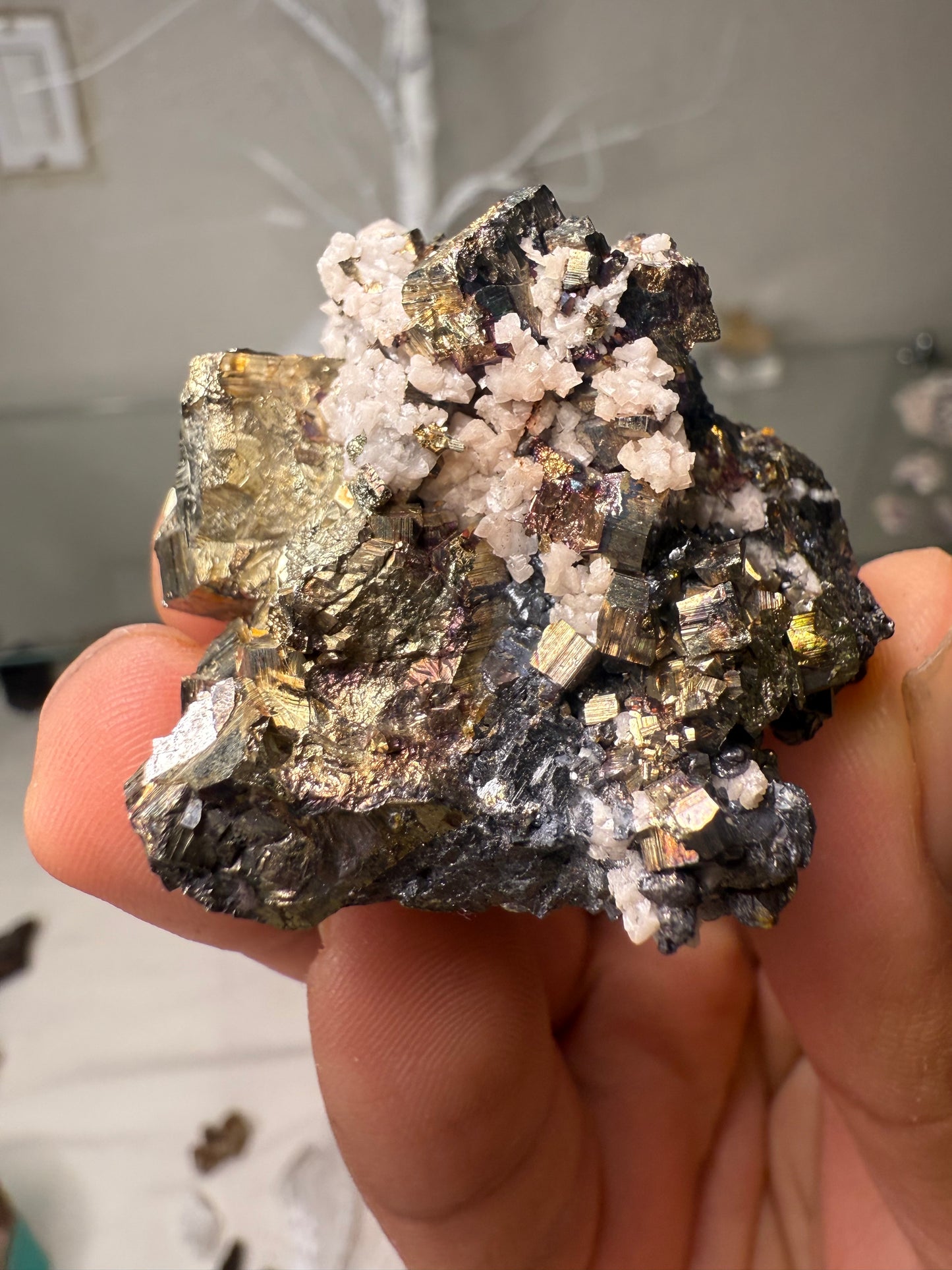 Iridescent pyrite with calcite & sphalerite