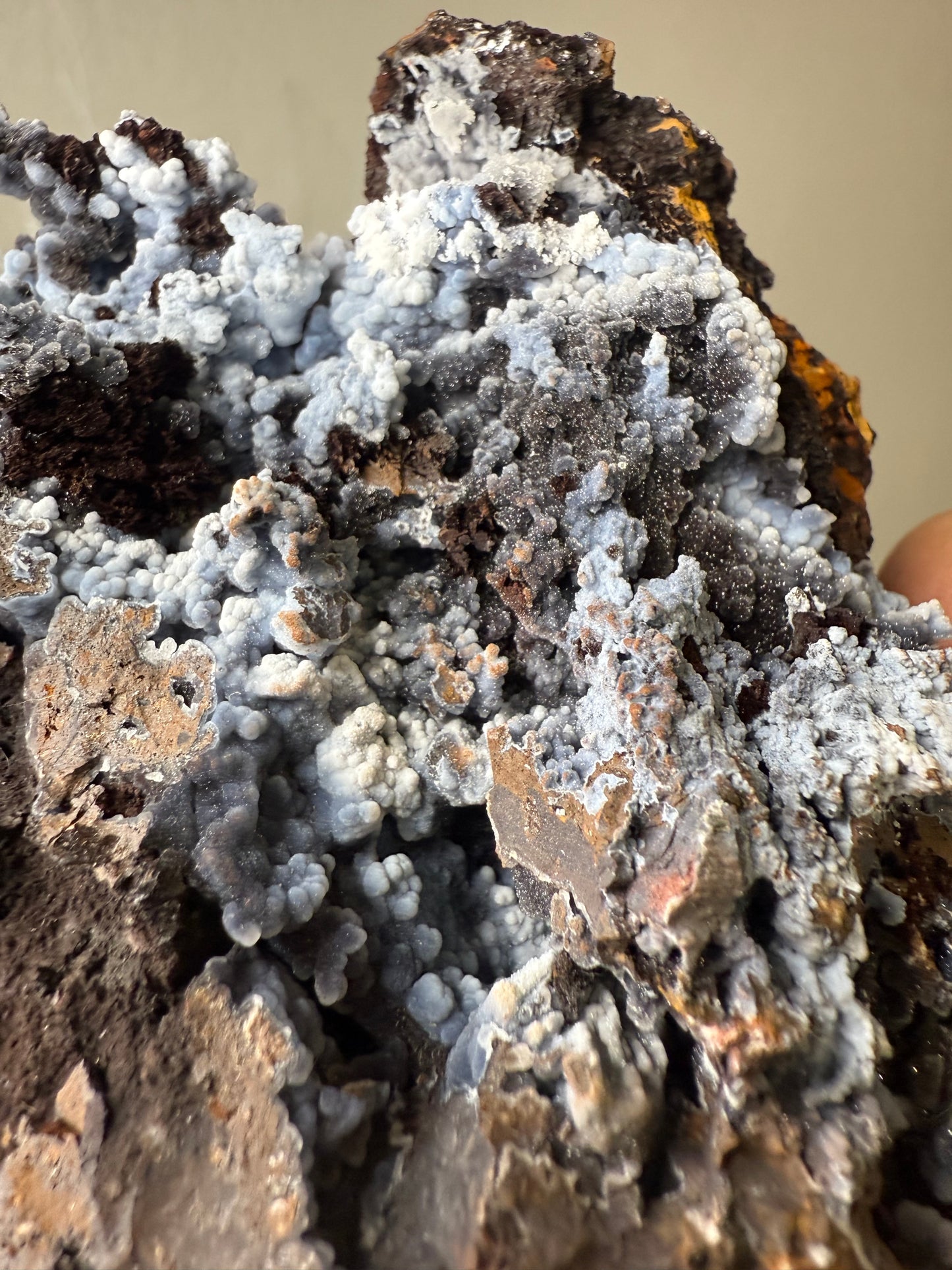 Blue/White/Black Chalcedony with hydrozincite & calcite on Goethite