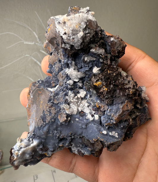 Blue Chalcedony with hydrozincite & calcite on Goethite