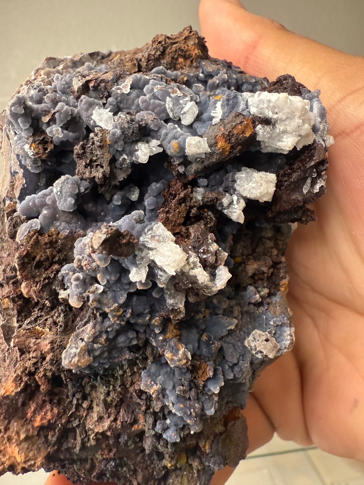 Blue/White/Black Chalcedony with hydrozincite & calcite on Goethite