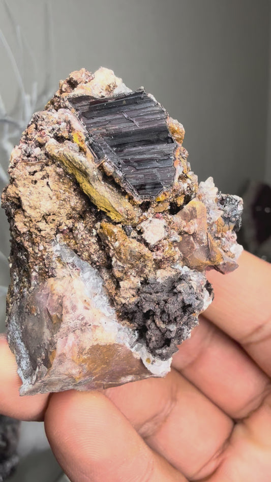 Selenite cast after goethite with iron & druzy Mouse ear Calcite