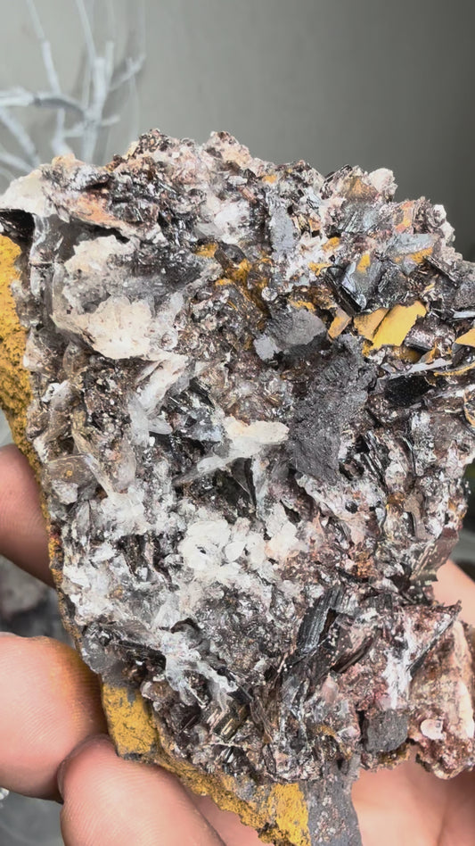 Selenite Cast after goethite with mouse ear Calcite, limonite on Quartz