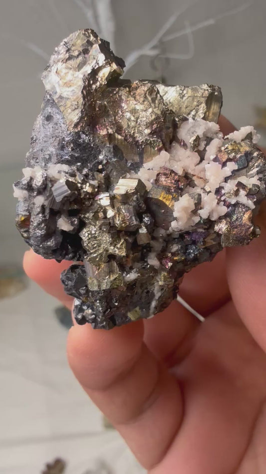 Iridescent pyrite with calcite & sphalerite